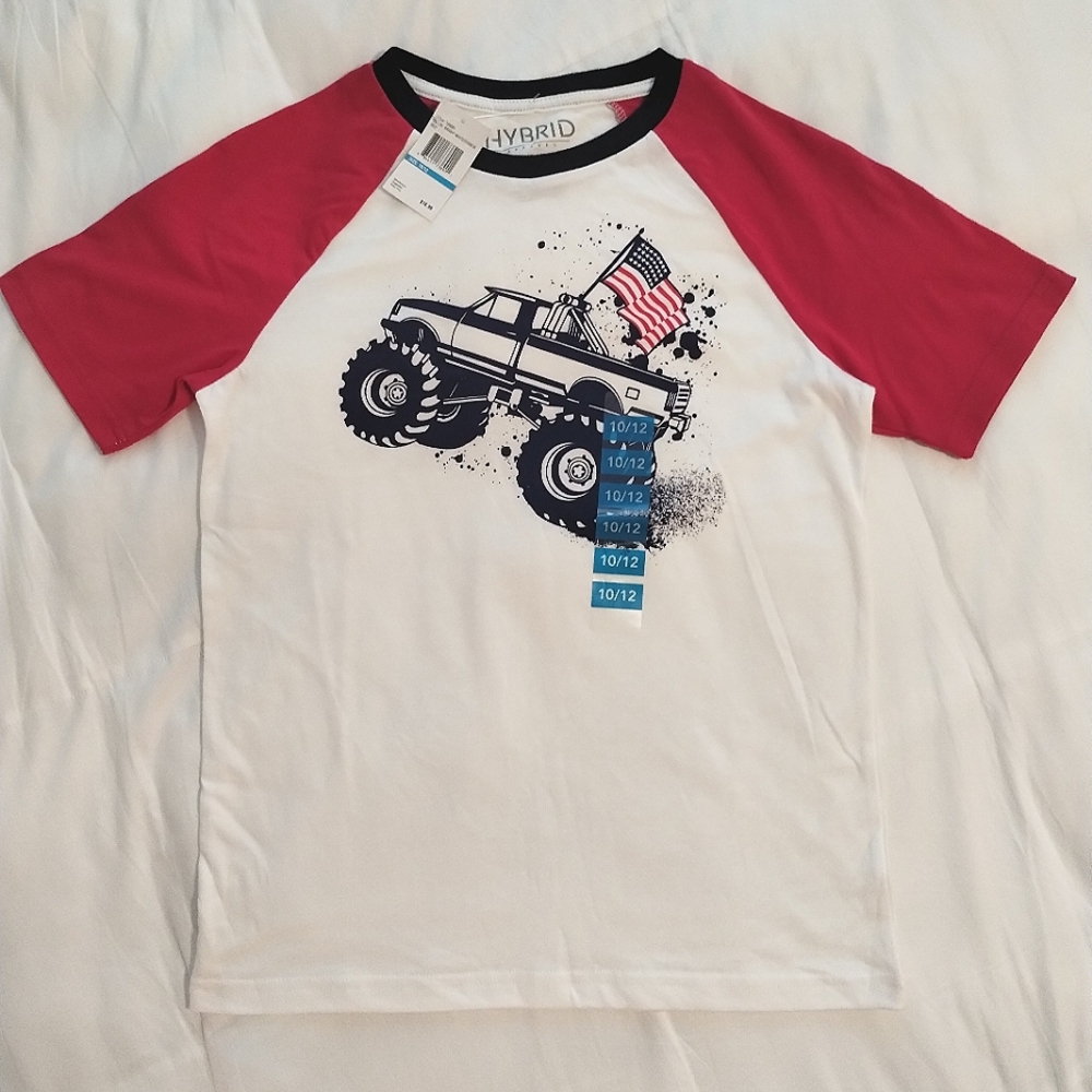 Hybrid Apparel Boys Monster Truck American Flag Tee Shirt Red White And Blue